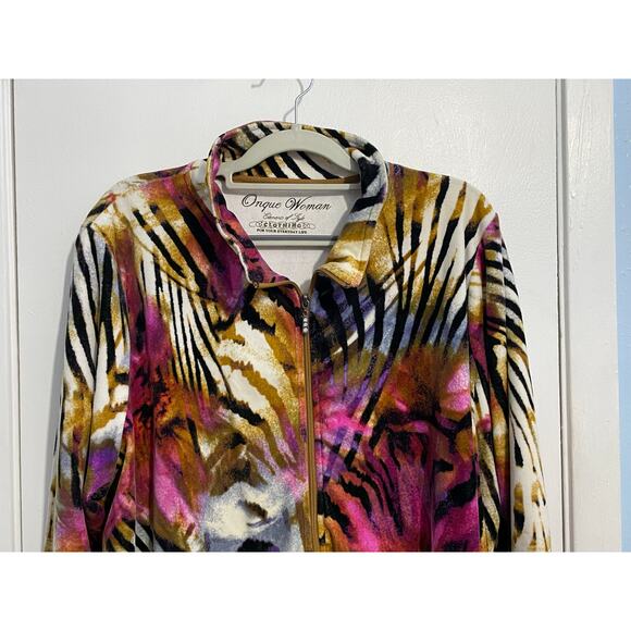 Onque Woman Shacket 1X Pink Animal Print Velvet Mobwife Athleisure Boho Artsy - Picture 3 of 5